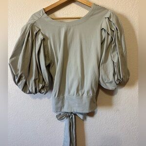 Express Puff Sleeve Faux Wrap Blouse in Light Blue - Size L